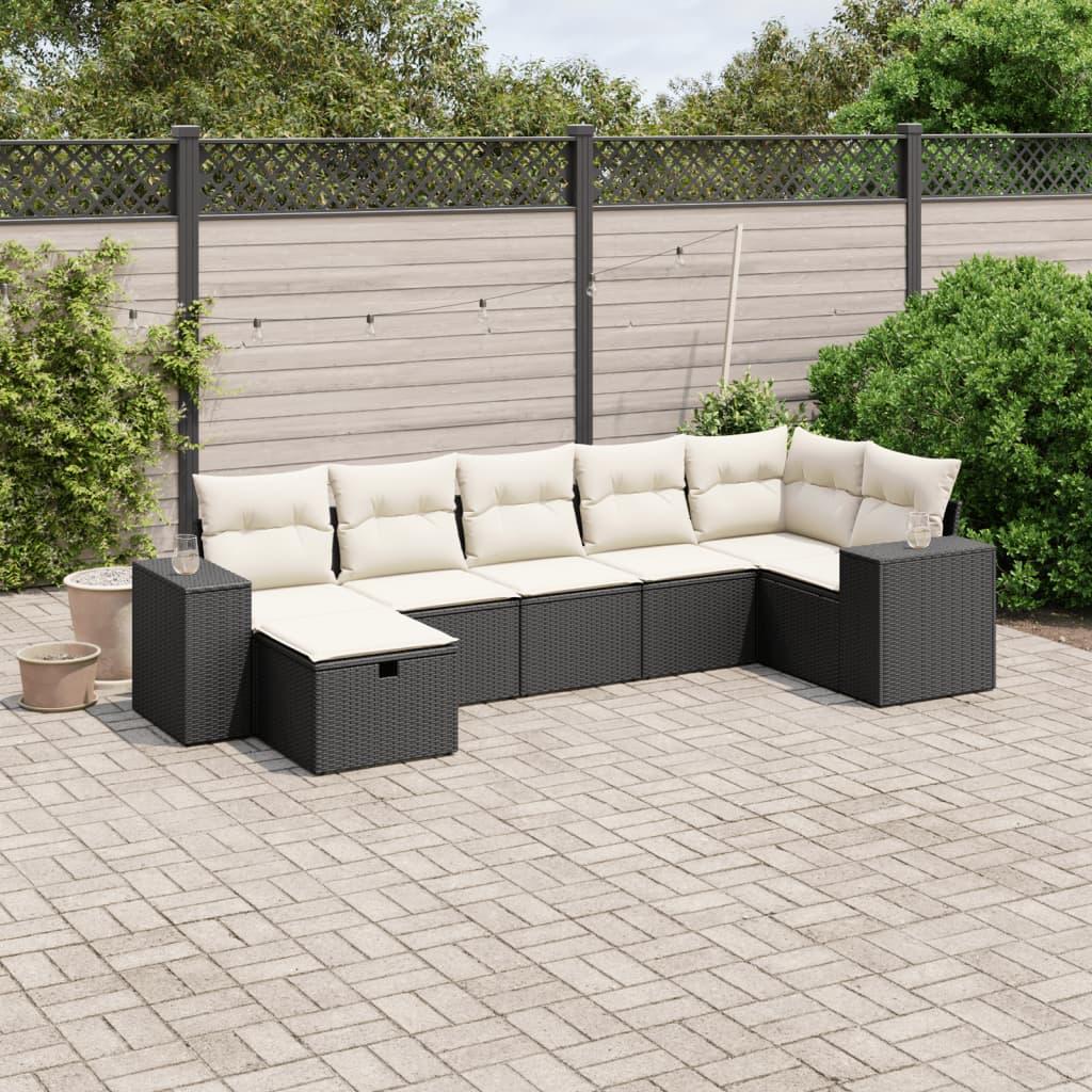 7 Piece Garden Sofa Set with Cushions Black Poly Rattan