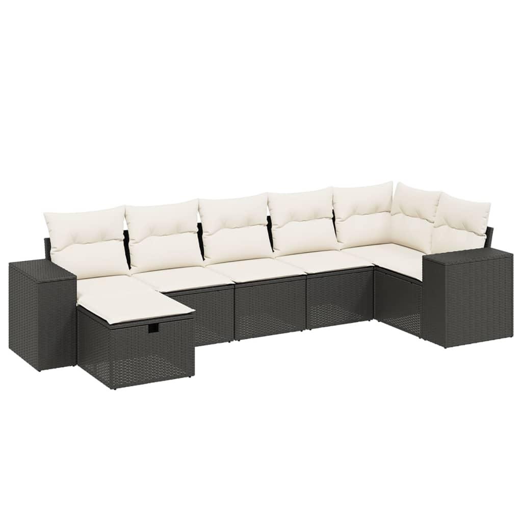 7 Piece Garden Sofa Set with Cushions Black Poly Rattan
