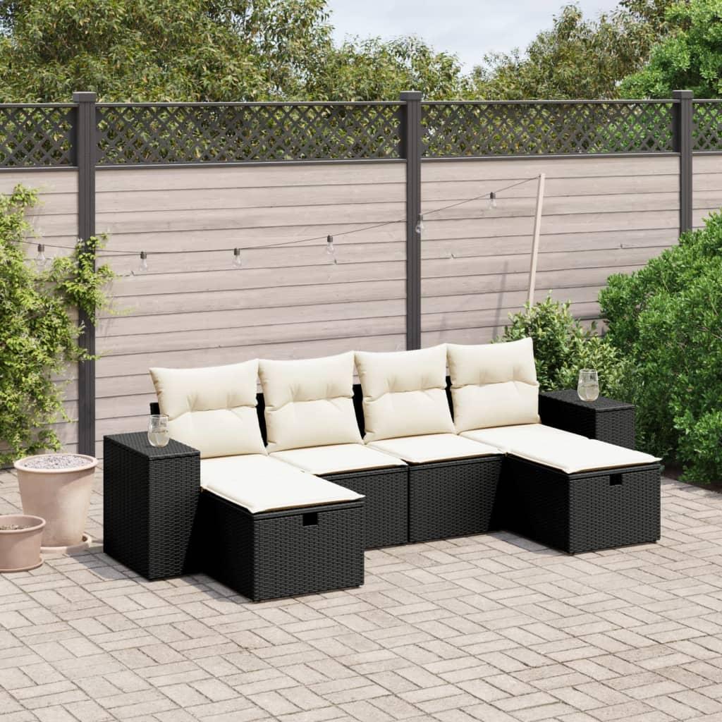 6 Piece Garden Sofa Set with Cushions Black Poly Rattan
