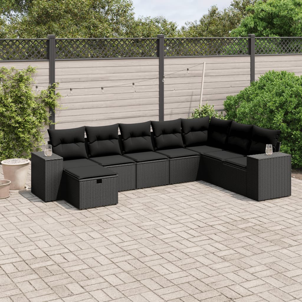 8 Piece Garden Sofa Set with Cushions Black Poly Rattan