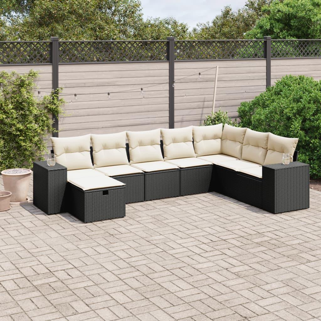 8 Piece Garden Sofa Set with Cushions Black Poly Rattan