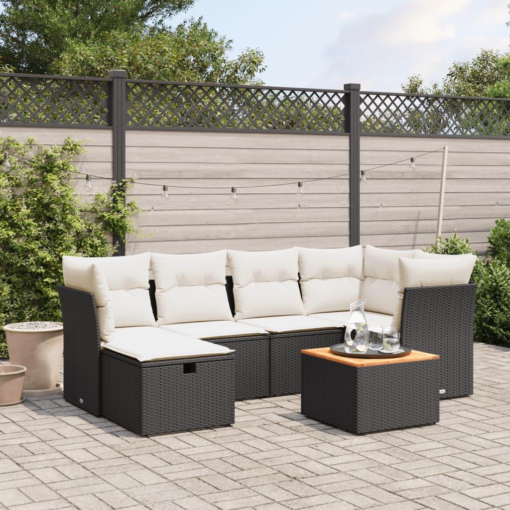 7 Piece Garden Sofa Set with Cushions Black Poly Rattan