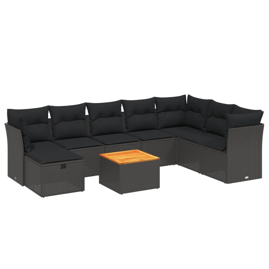 9 Piece Garden Sofa Set with Cushions Black Poly Rattan
