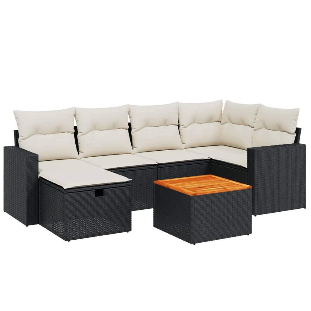 7 Piece Garden Sofa Set with Cushions Black Poly Rattan