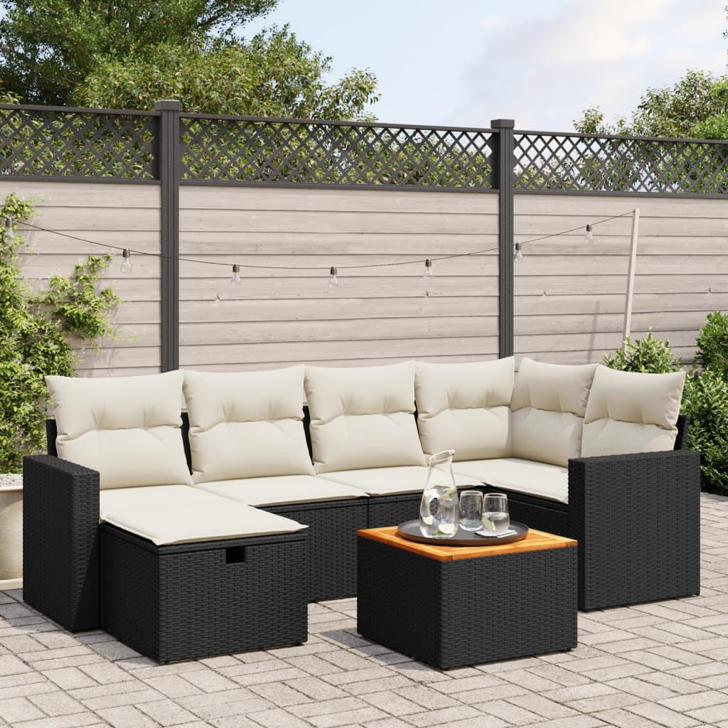 7 Piece Garden Sofa Set with Cushions Black Poly Rattan