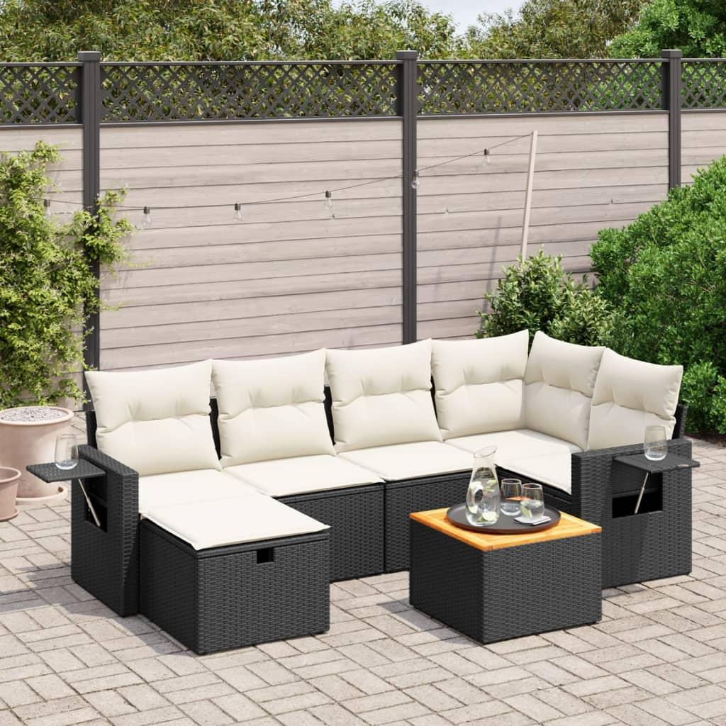 7 Piece Garden Sofa Set with Cushions Black Poly Rattan