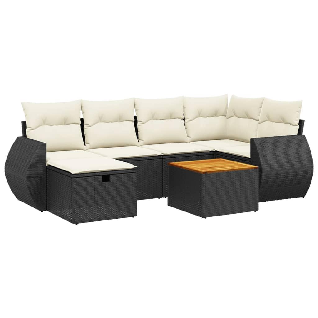 7 Piece Garden Sofa Set with Cushions Black Poly Rattan