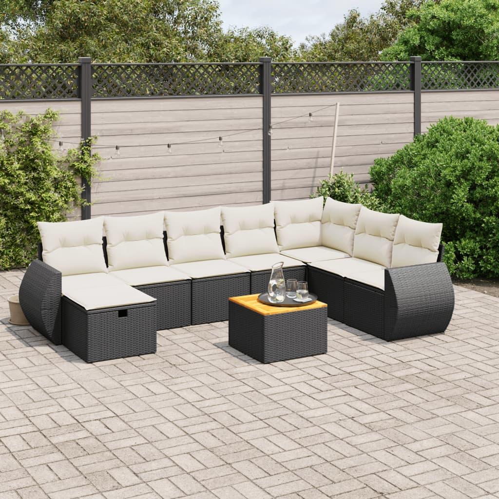 9 Piece Garden Sofa Set with Cushions Black Poly Rattan