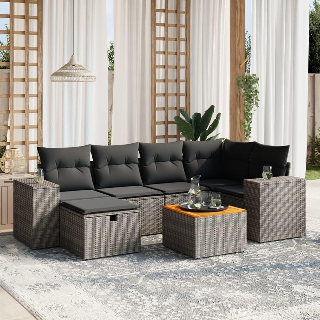 7 Piece Garden Sofa Set with Cushions Grey Poly Rattan