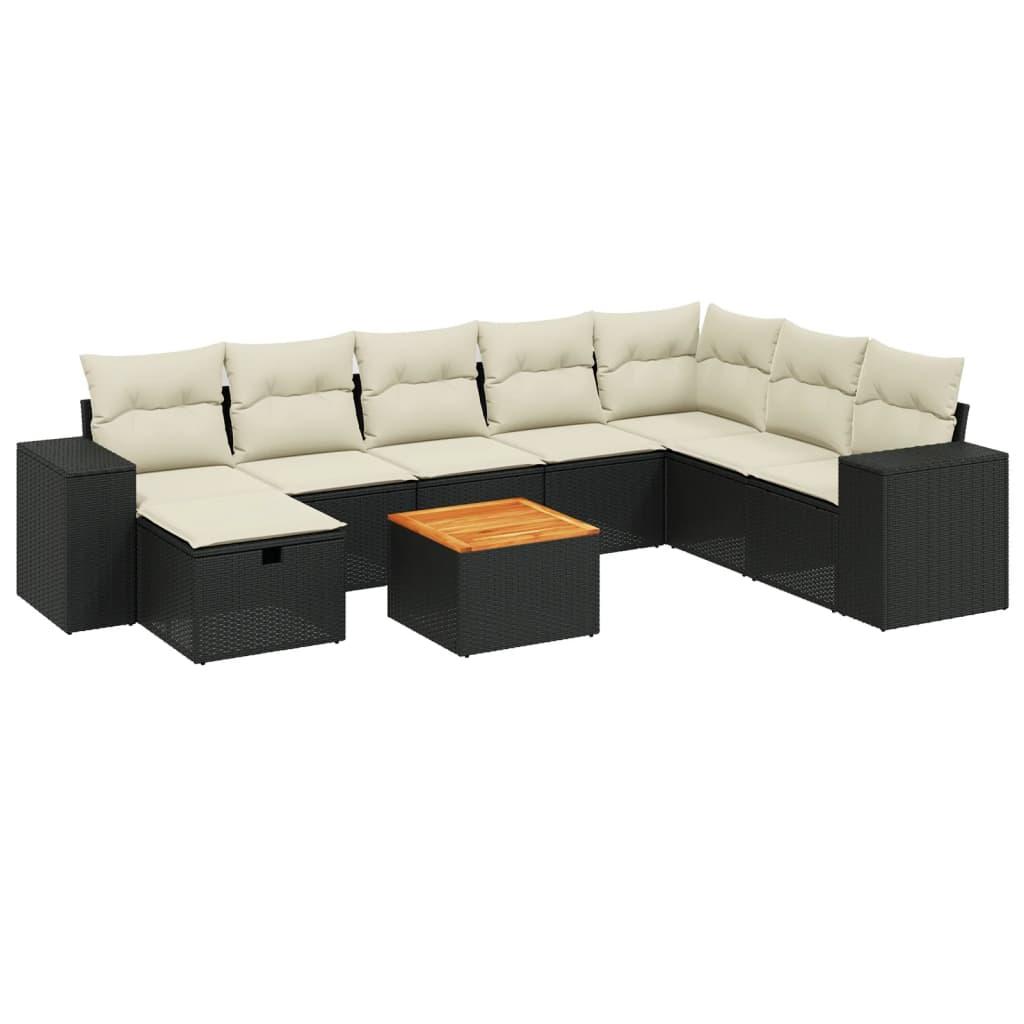 9 Piece Garden Sofa Set with Cushions Black Poly Rattan
