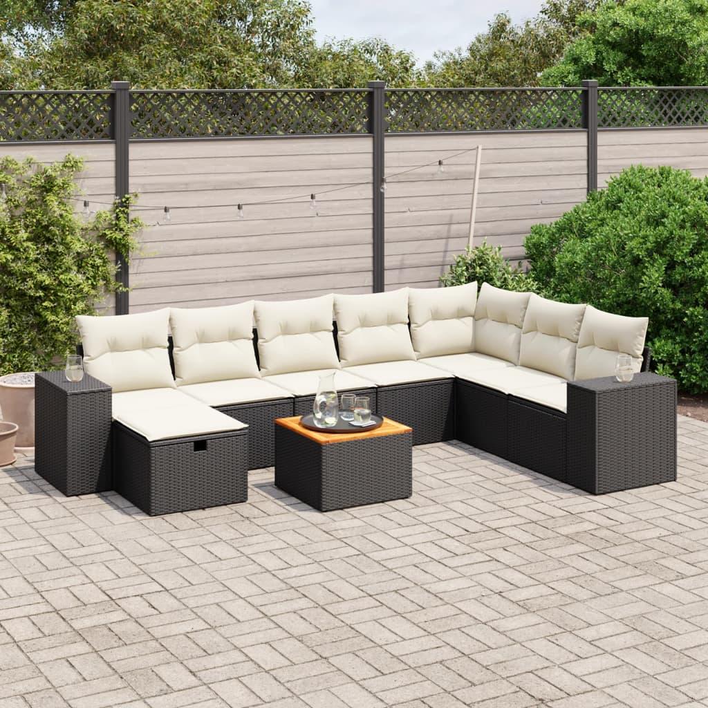 9 Piece Garden Sofa Set with Cushions Black Poly Rattan