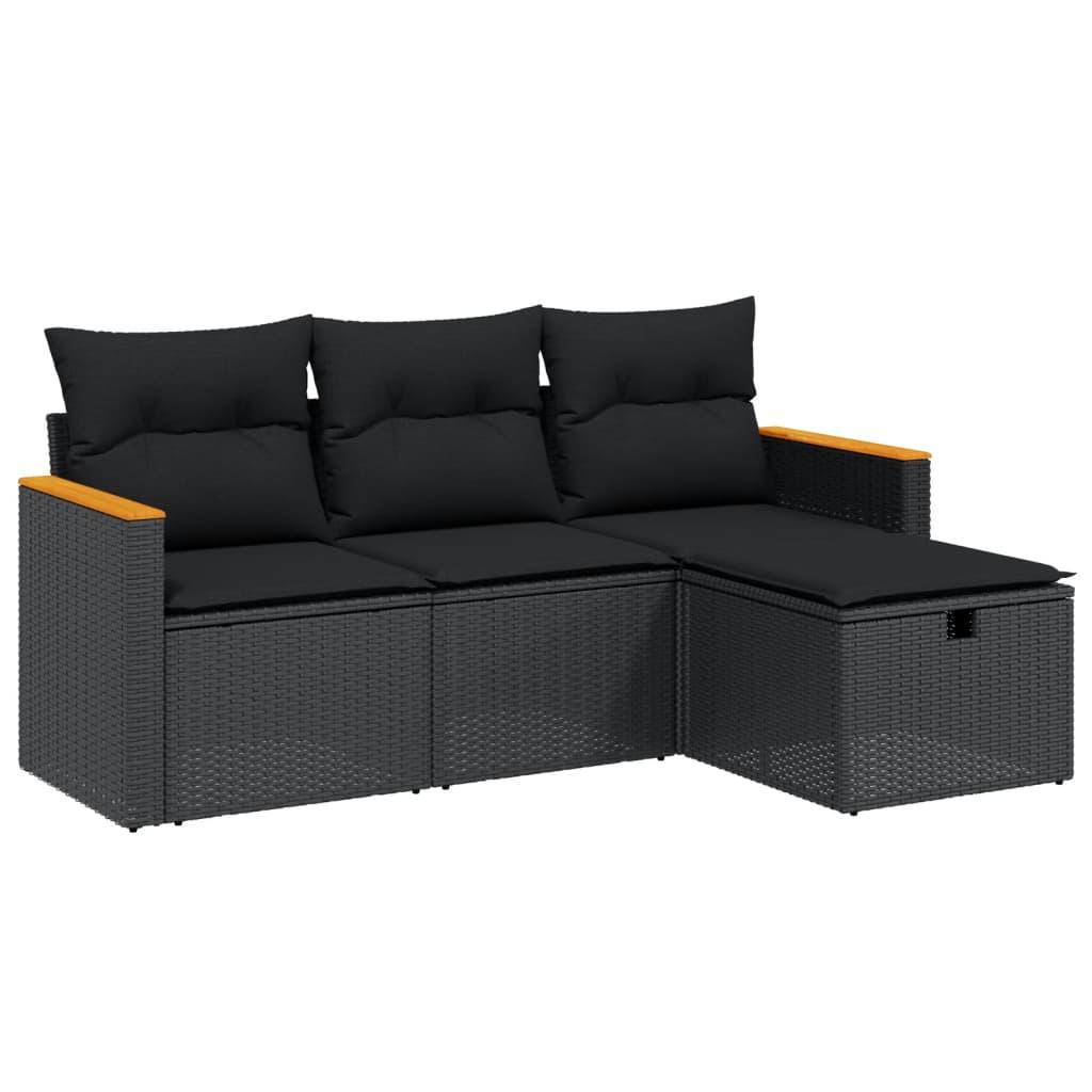 4 Piece Garden Sofa Set with Cushions Black Poly Rattan