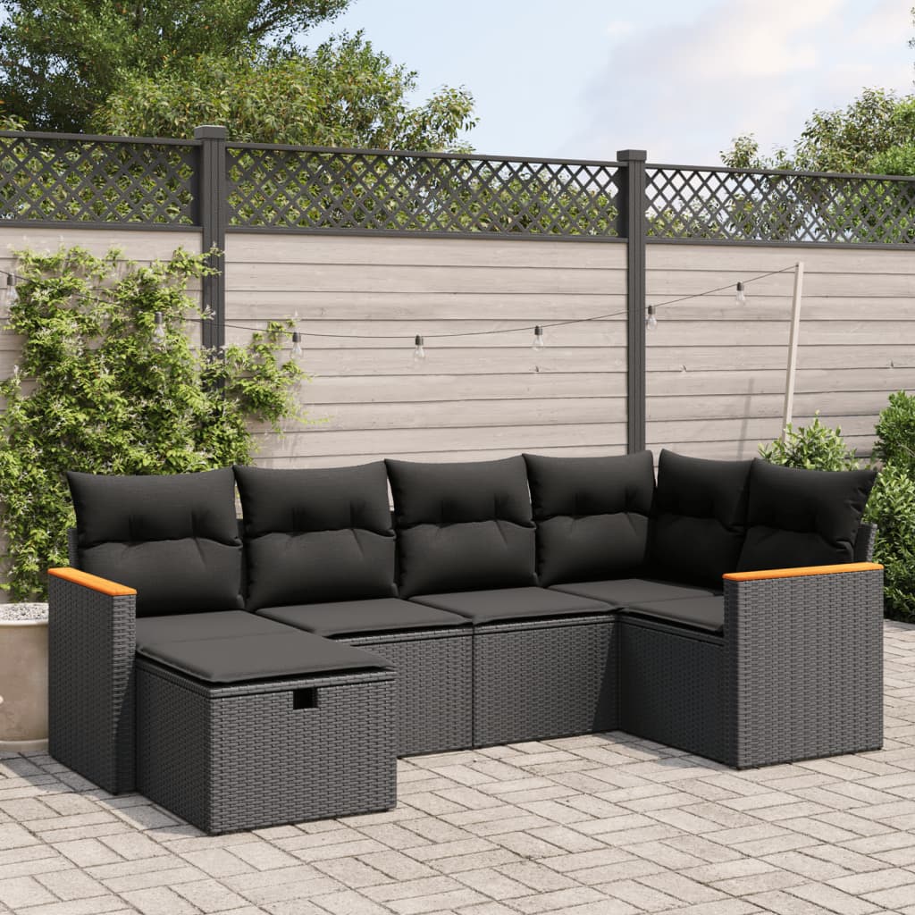 6 Piece Garden Sofa Set with Cushions Black Poly Rattan