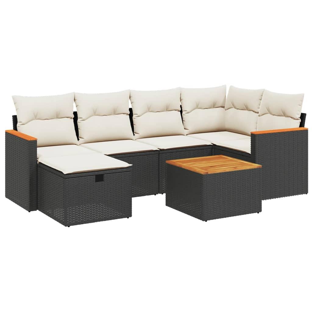 7 Piece Garden Sofa Set with Cushions Black Poly Rattan