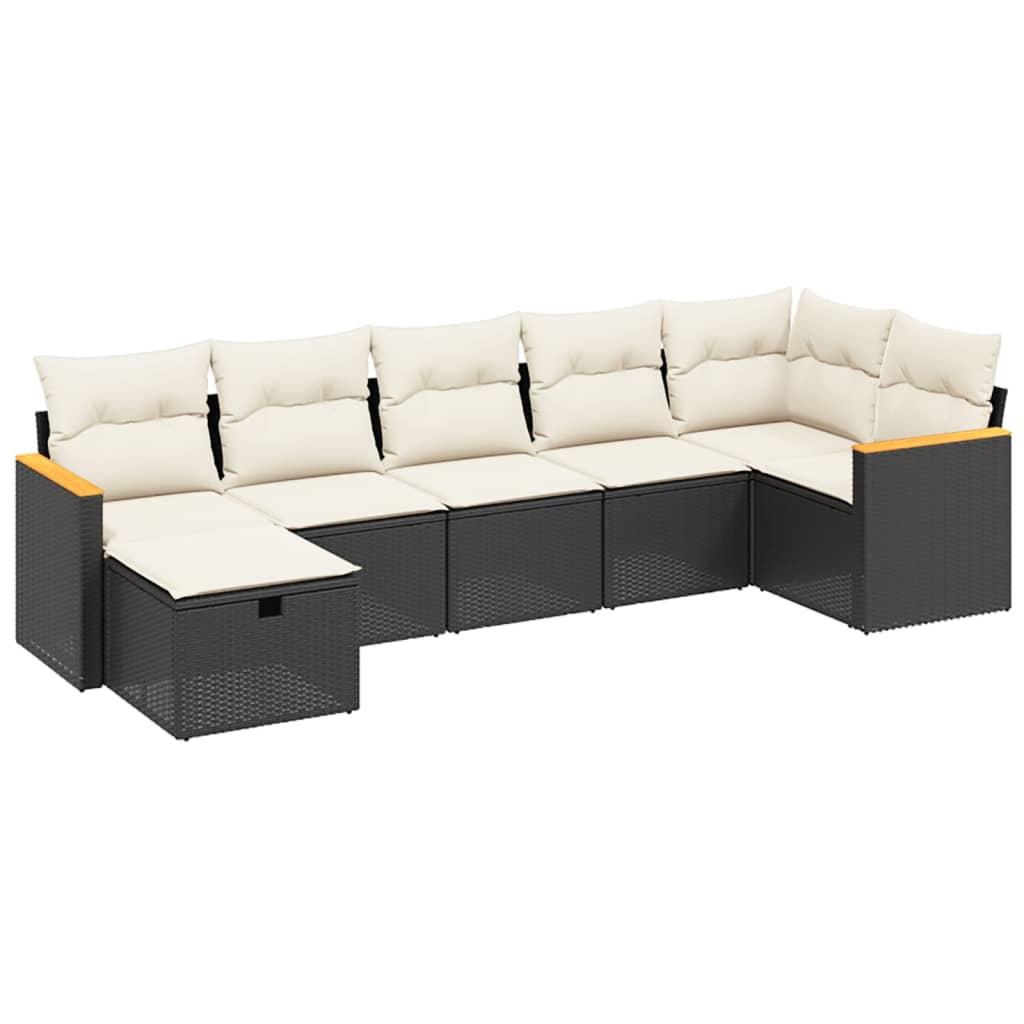 7 Piece Garden Sofa Set with Cushions Black Poly Rattan
