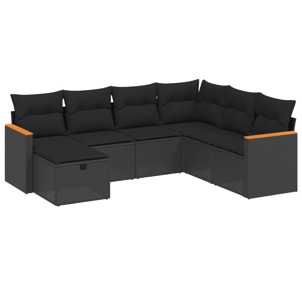 7 Piece Garden Sofa Set with Cushions Black Poly Rattan