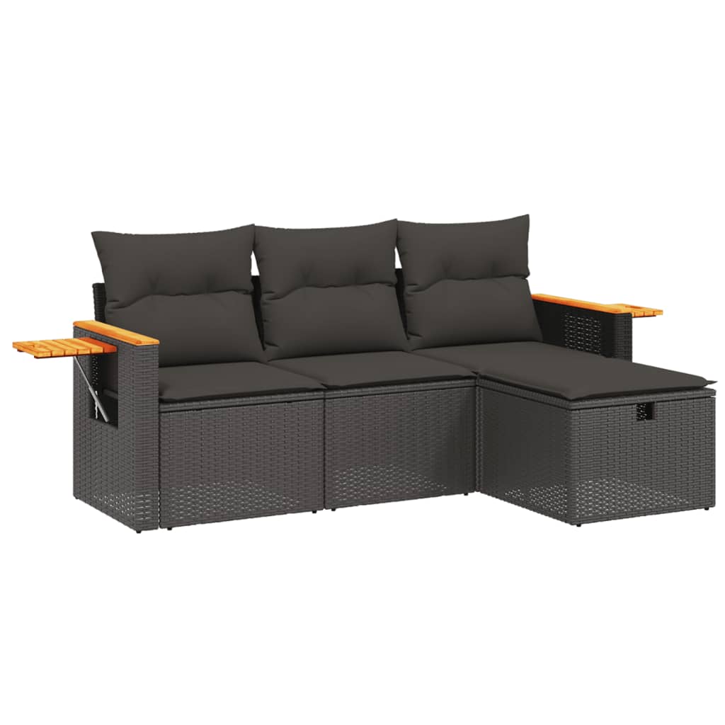 4 Piece Garden Sofa Set with Cushions Black Poly Rattan