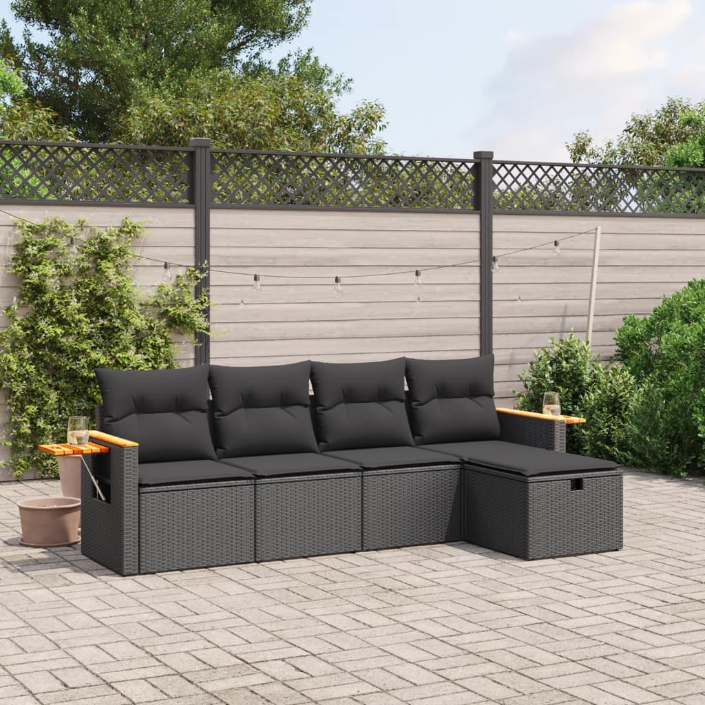 5 Piece Garden Sofa Set with Cushions Black Poly Rattan