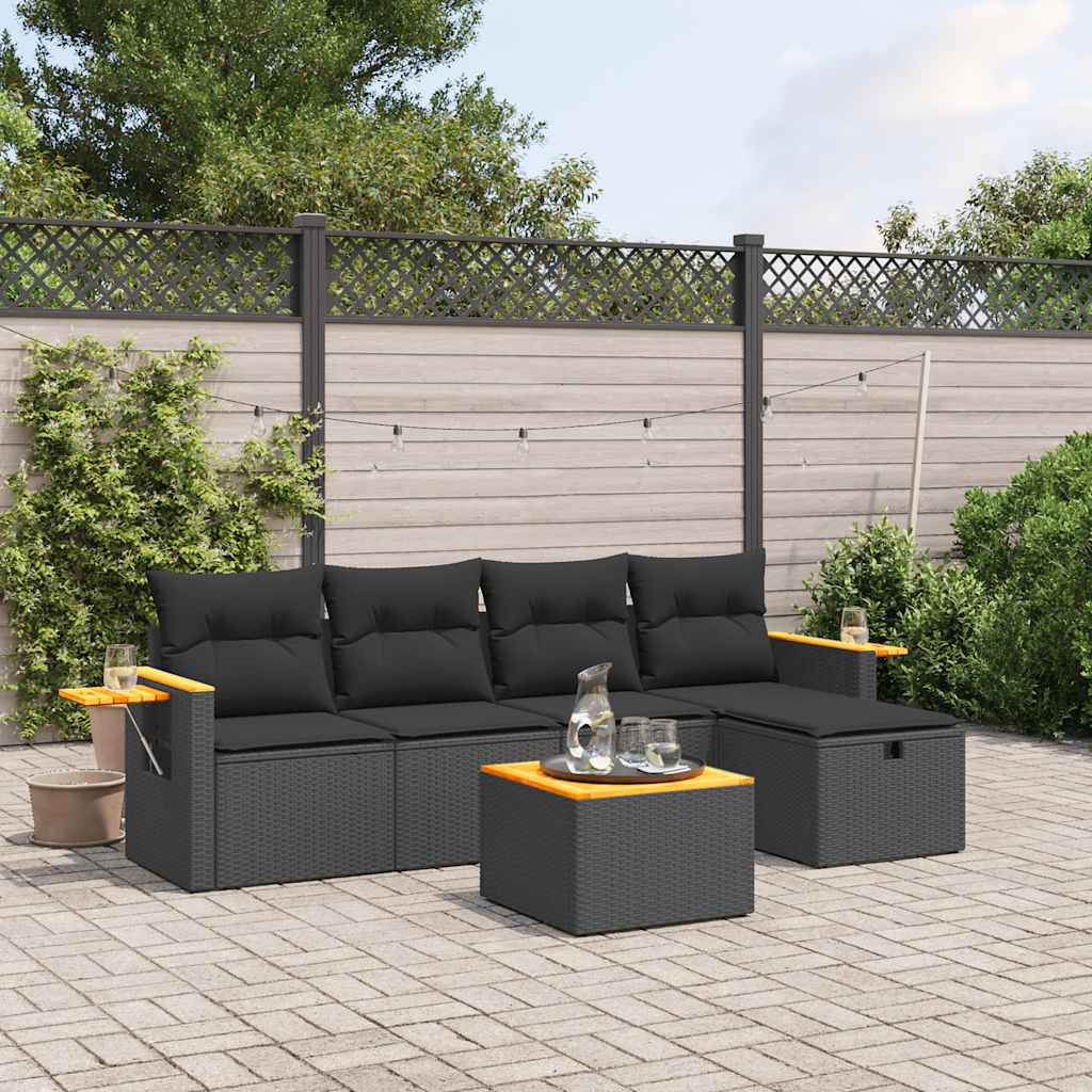 6 Piece Garden Sofa Set with Cushions Black Poly Rattan