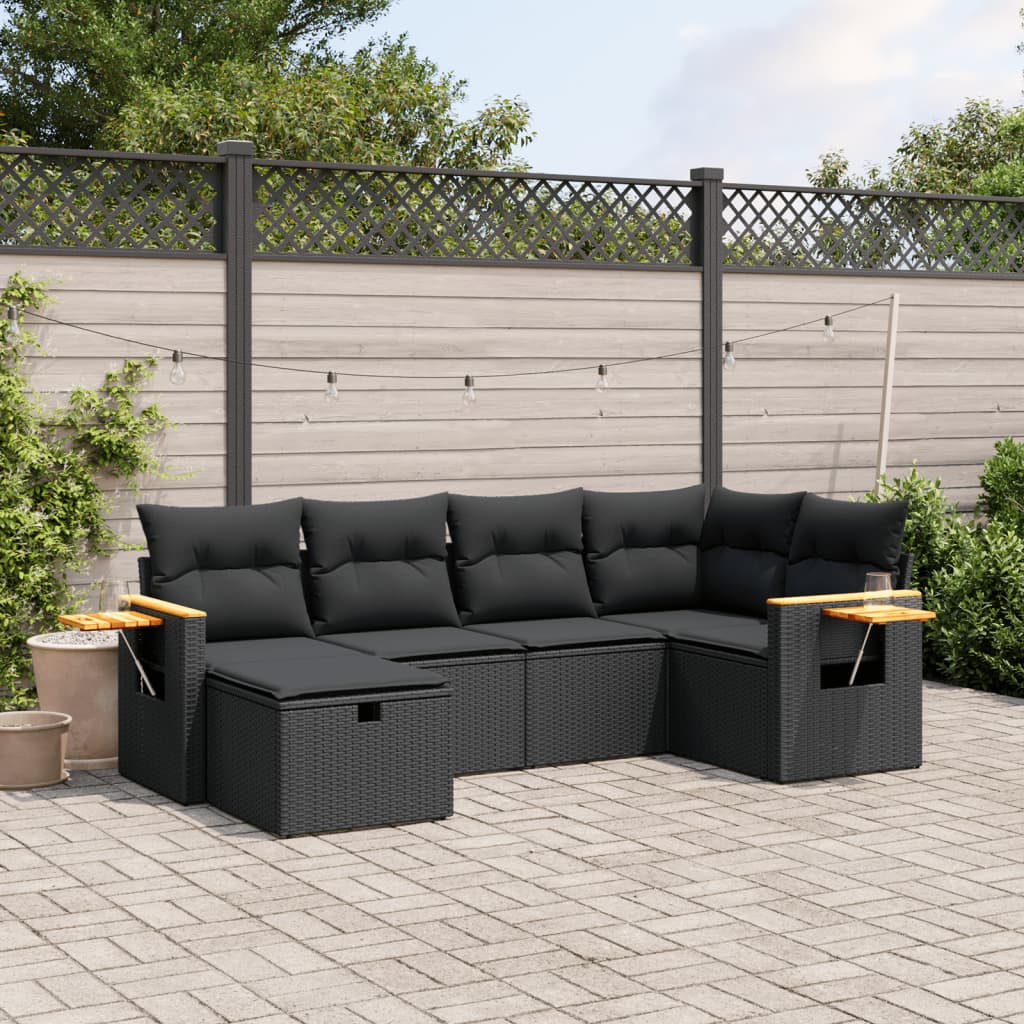 6 Piece Garden Sofa Set with Cushions Black Poly Rattan