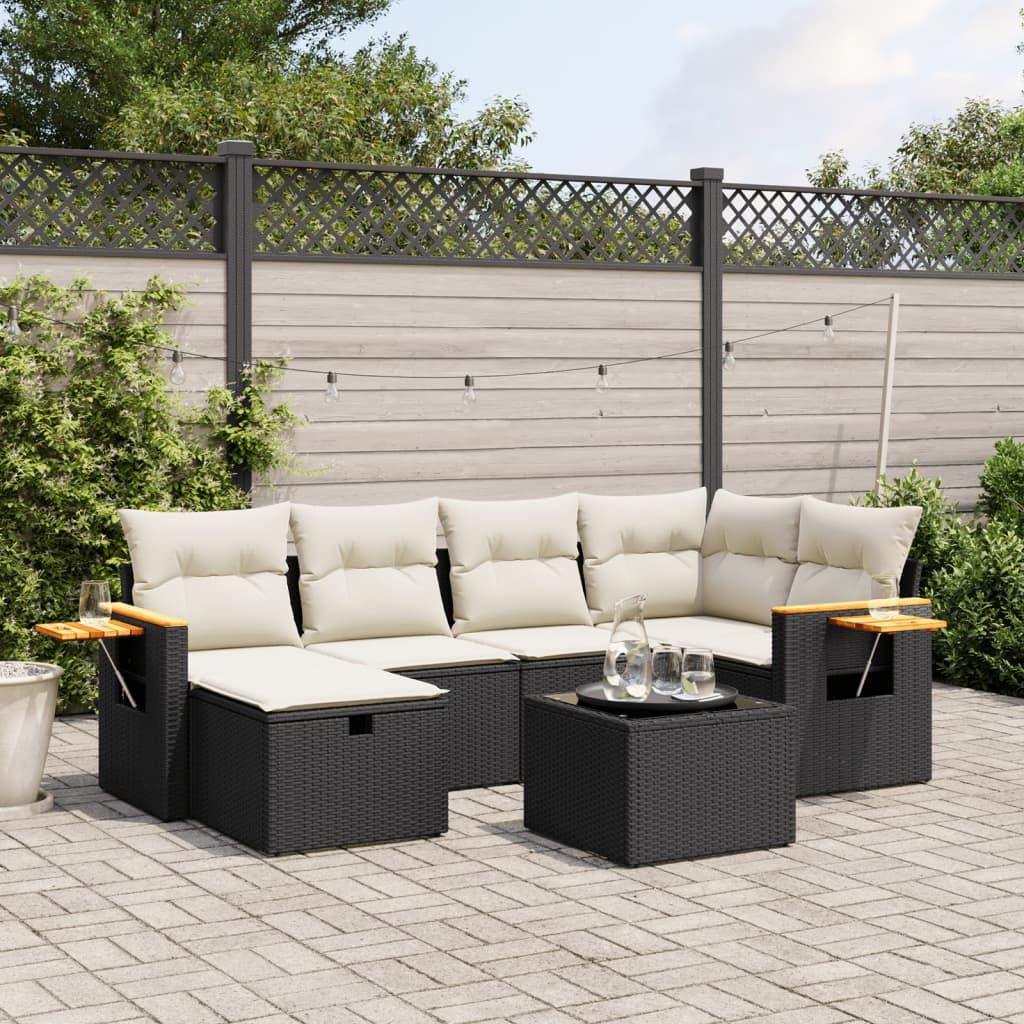 7 Piece Garden Sofa Set with Cushions Black Poly Rattan