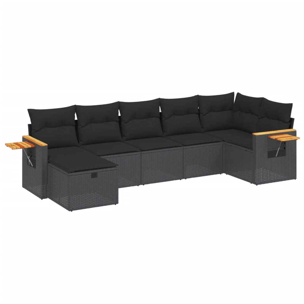 7 Piece Garden Sofa Set with Cushions Black Poly Rattan