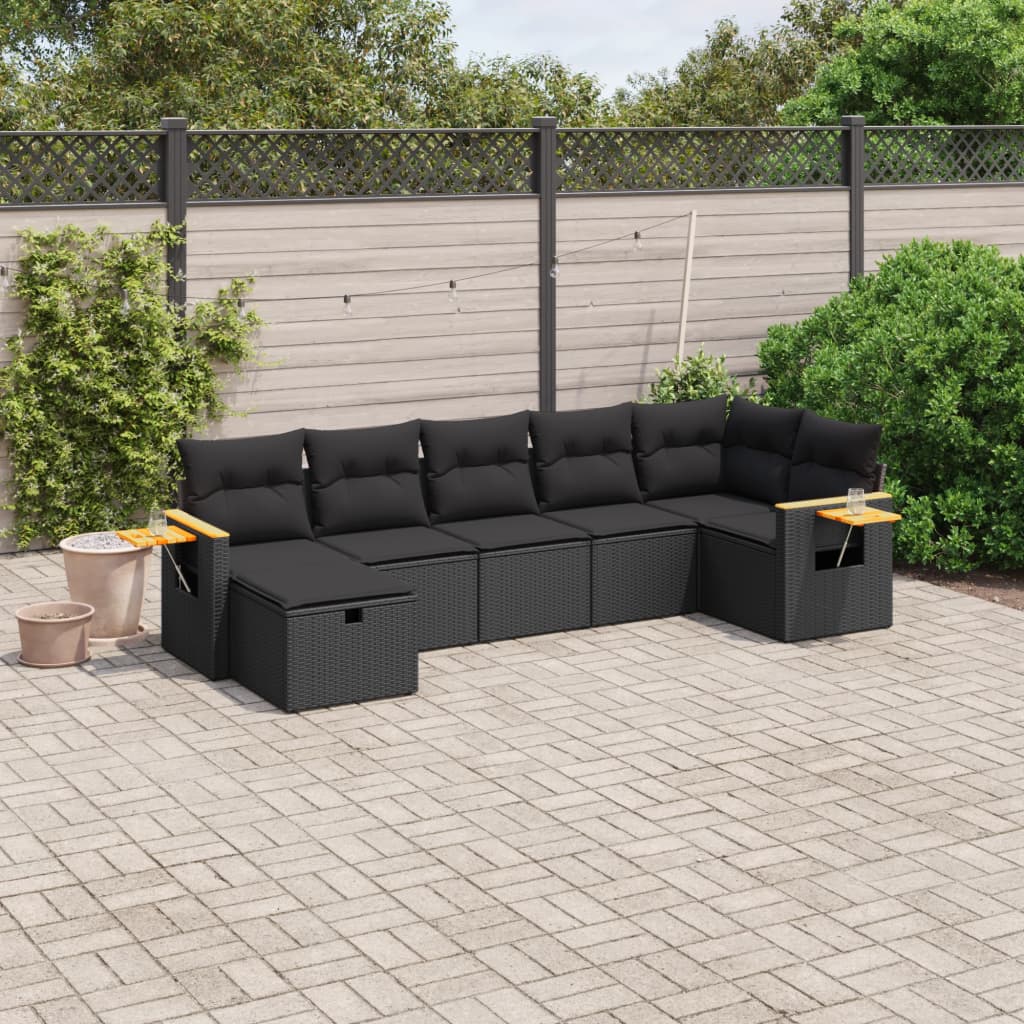 7 Piece Garden Sofa Set with Cushions Black Poly Rattan