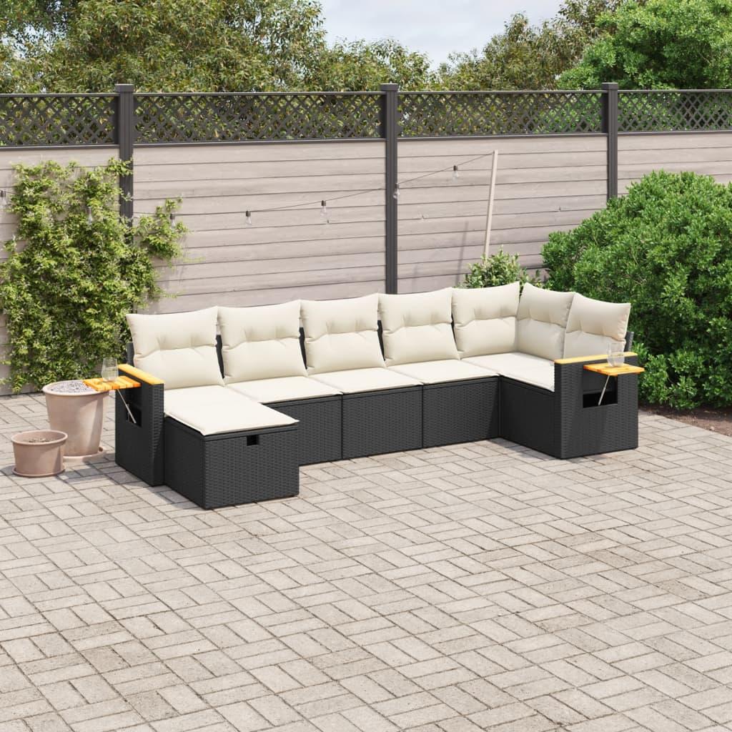 7 Piece Garden Sofa Set with Cushions Black Poly Rattan