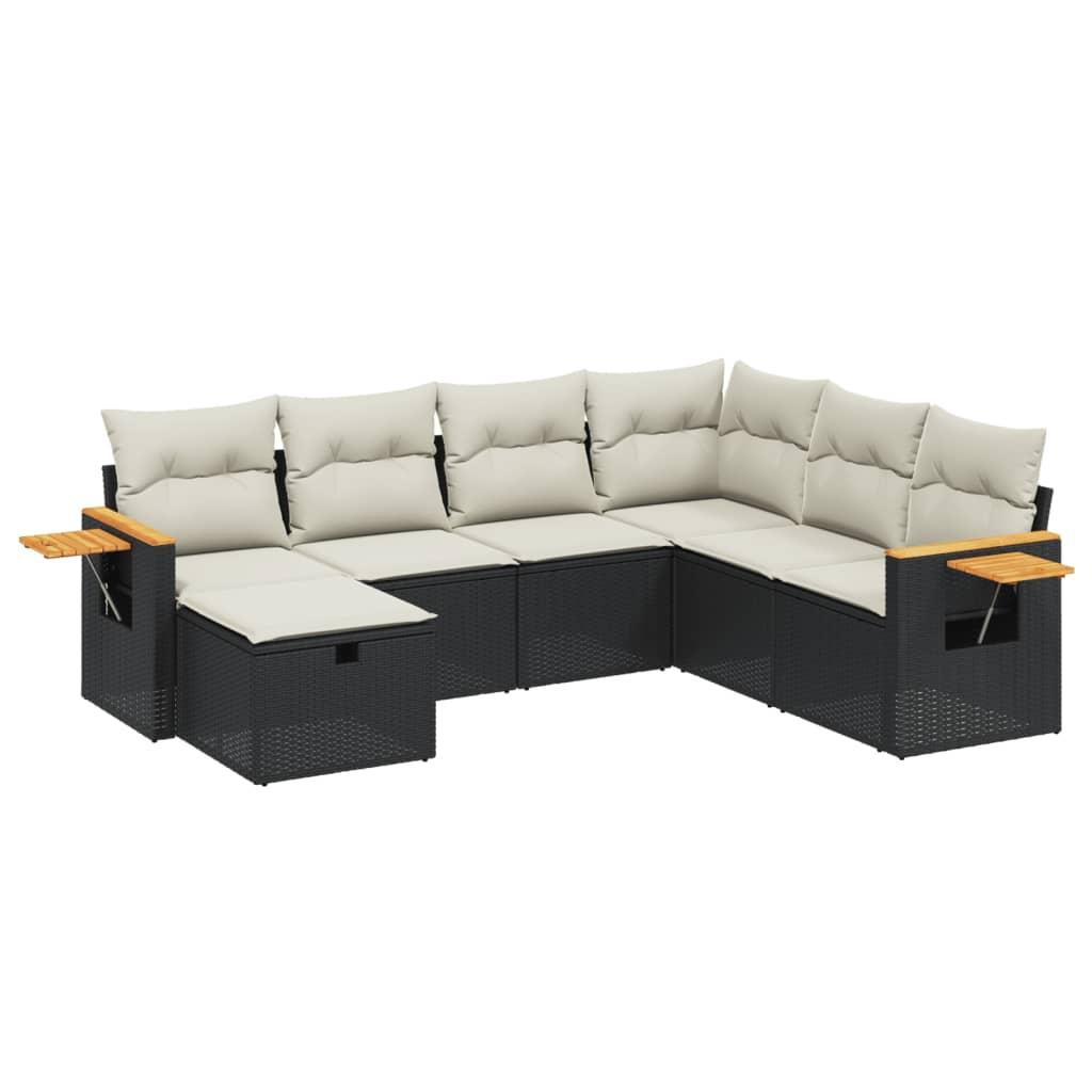 7 Piece Garden Sofa Set with Cushions Black Poly Rattan