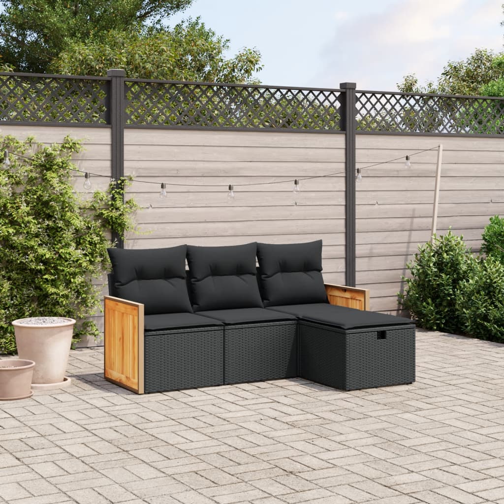 4 Piece Garden Sofa Set with Cushions Black Poly Rattan