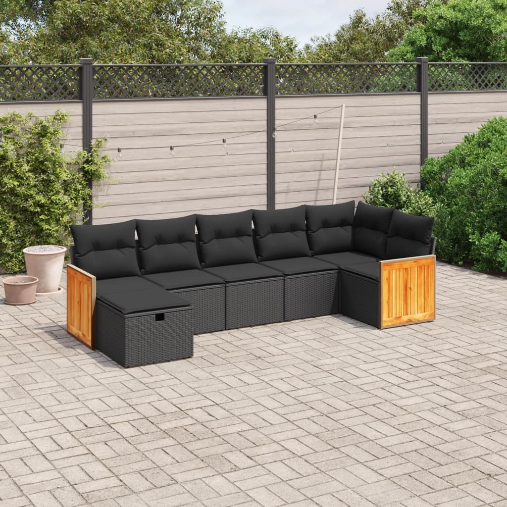 7 Piece Garden Sofa Set with Cushions Black Poly Rattan