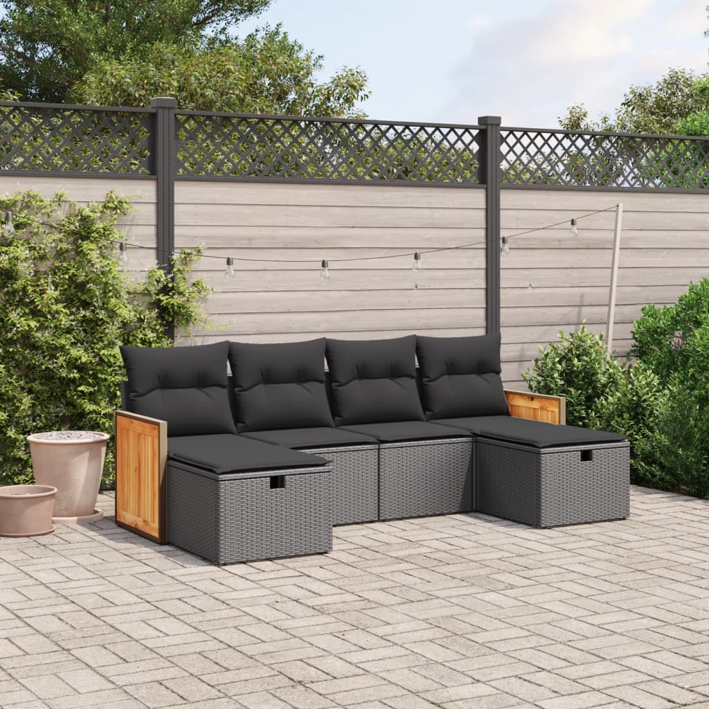 6 Piece Garden Sofa Set with Cushions Black Poly Rattan