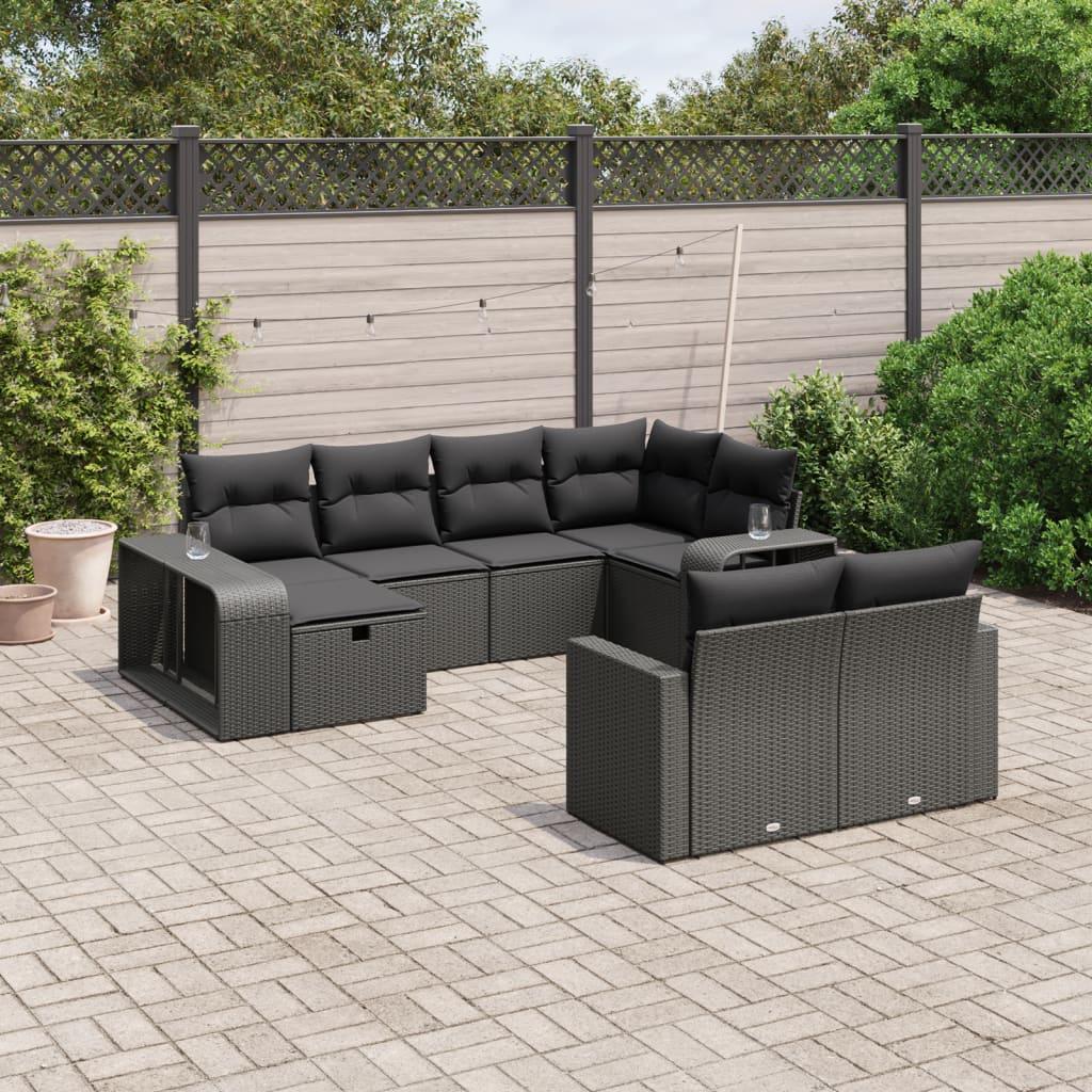 10 Piece Garden Sofa Set with Cushions Black Poly Rattan