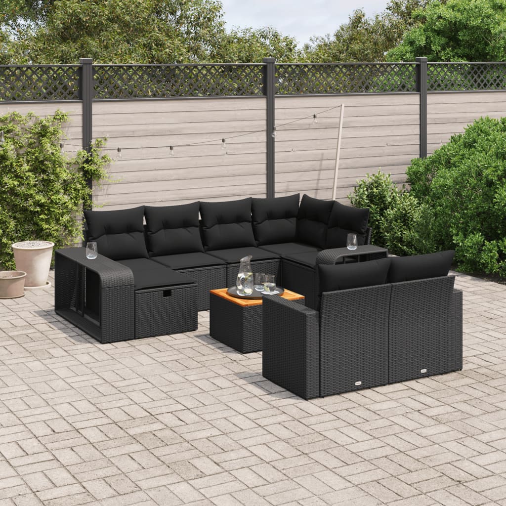 11 Piece Garden Sofa Set with Cushions Black Poly Rattan