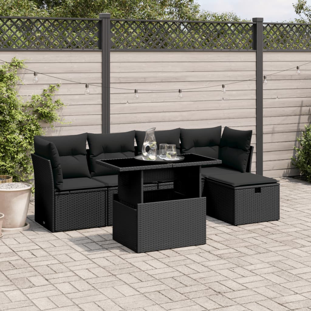 6 Piece Garden Sofa Set with Cushions Black Poly Rattan