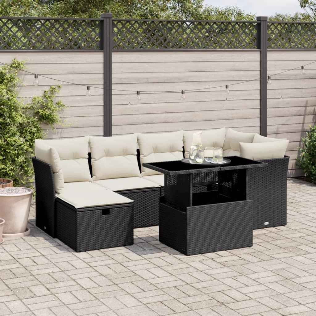 7 Piece Garden Sofa Set with Cushions Black Poly Rattan