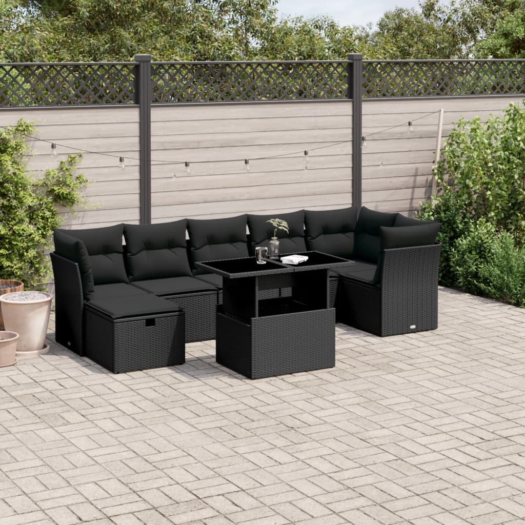 8 Piece Garden Sofa Set with Cushions Black Poly Rattan