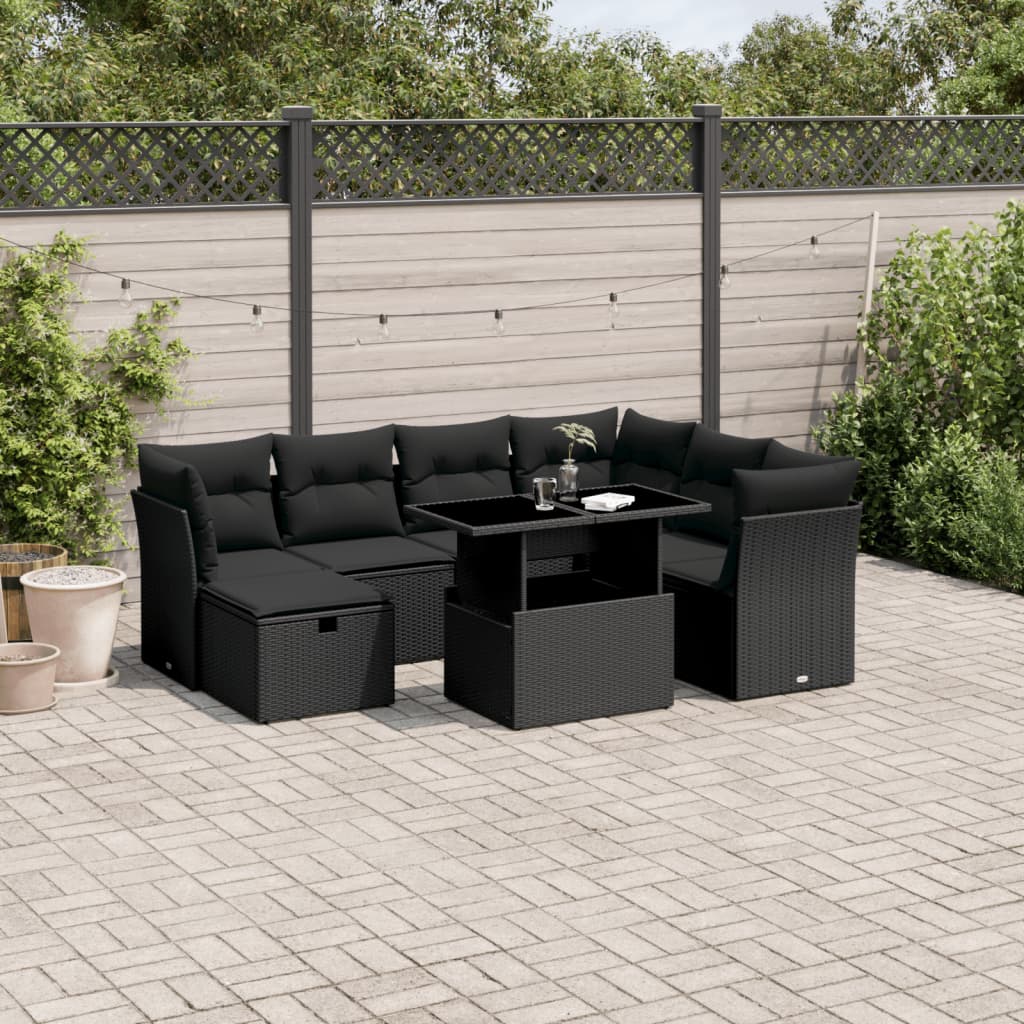 8 Piece Garden Sofa Set with Cushions Black Poly Rattan