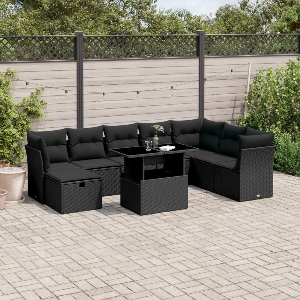 9 Piece Garden Sofa Set with Cushions Black Poly Rattan