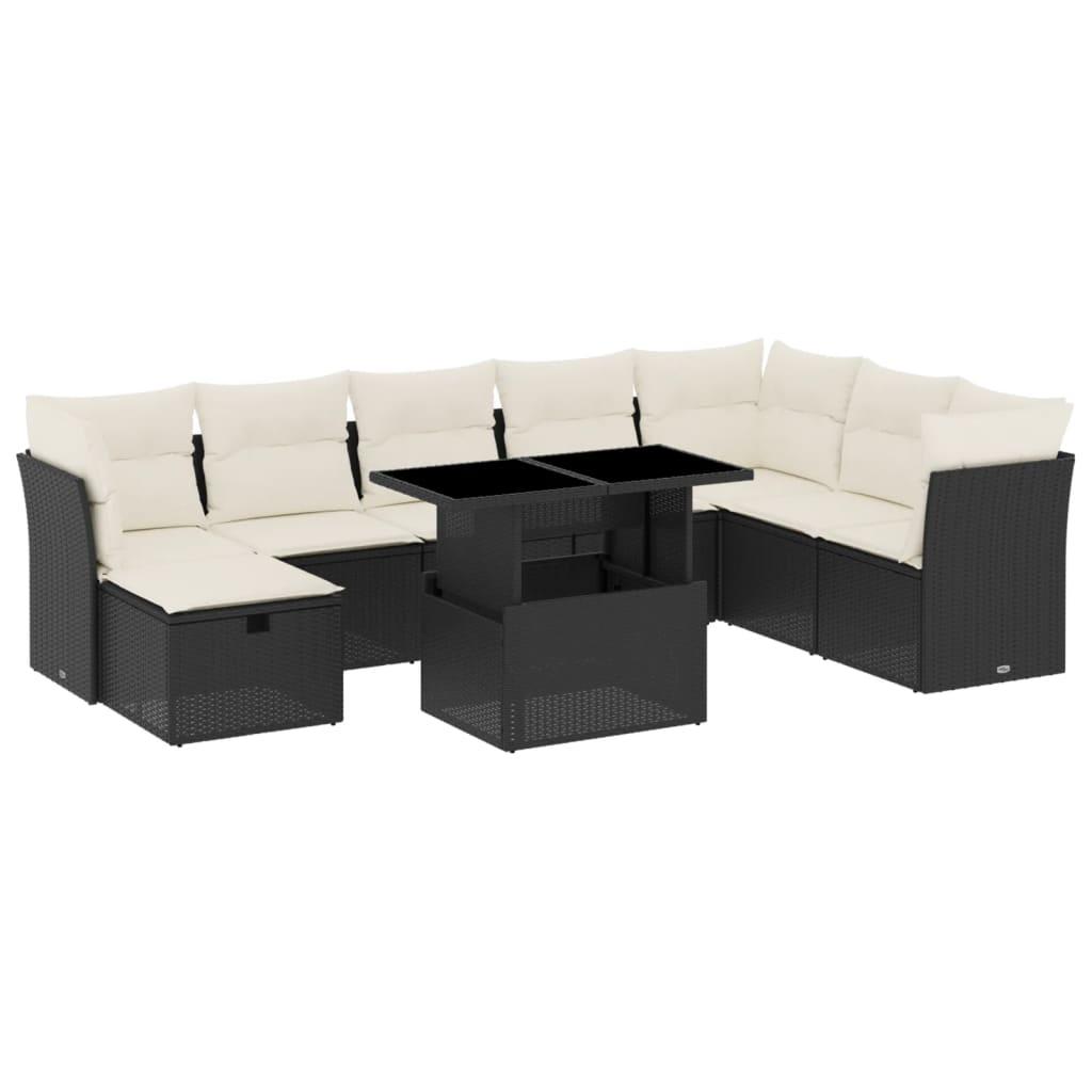 9 Piece Garden Sofa Set with Cushions Black Poly Rattan