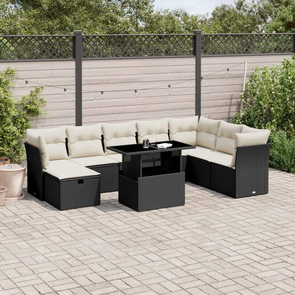 9 Piece Garden Sofa Set with Cushions Black Poly Rattan