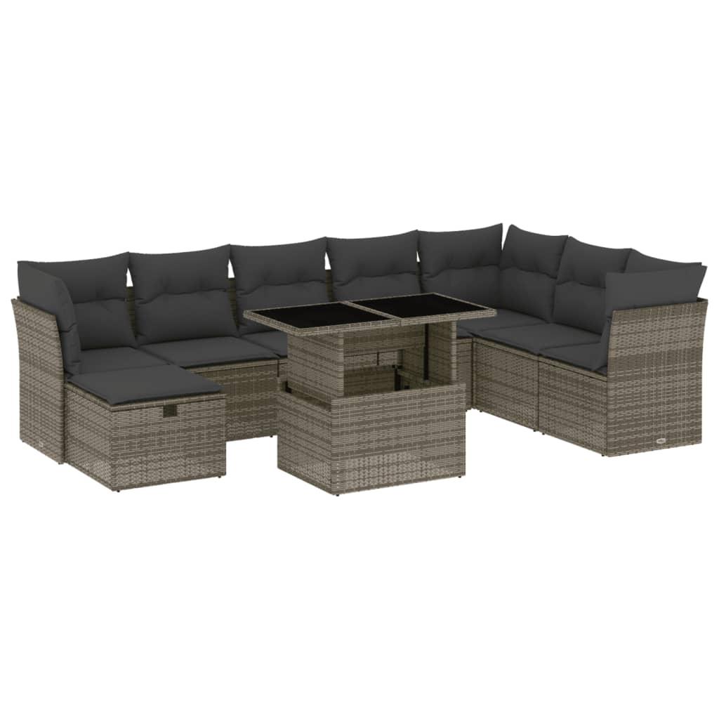 9 Piece Garden Sofa Set with Cushions Grey Poly Rattan