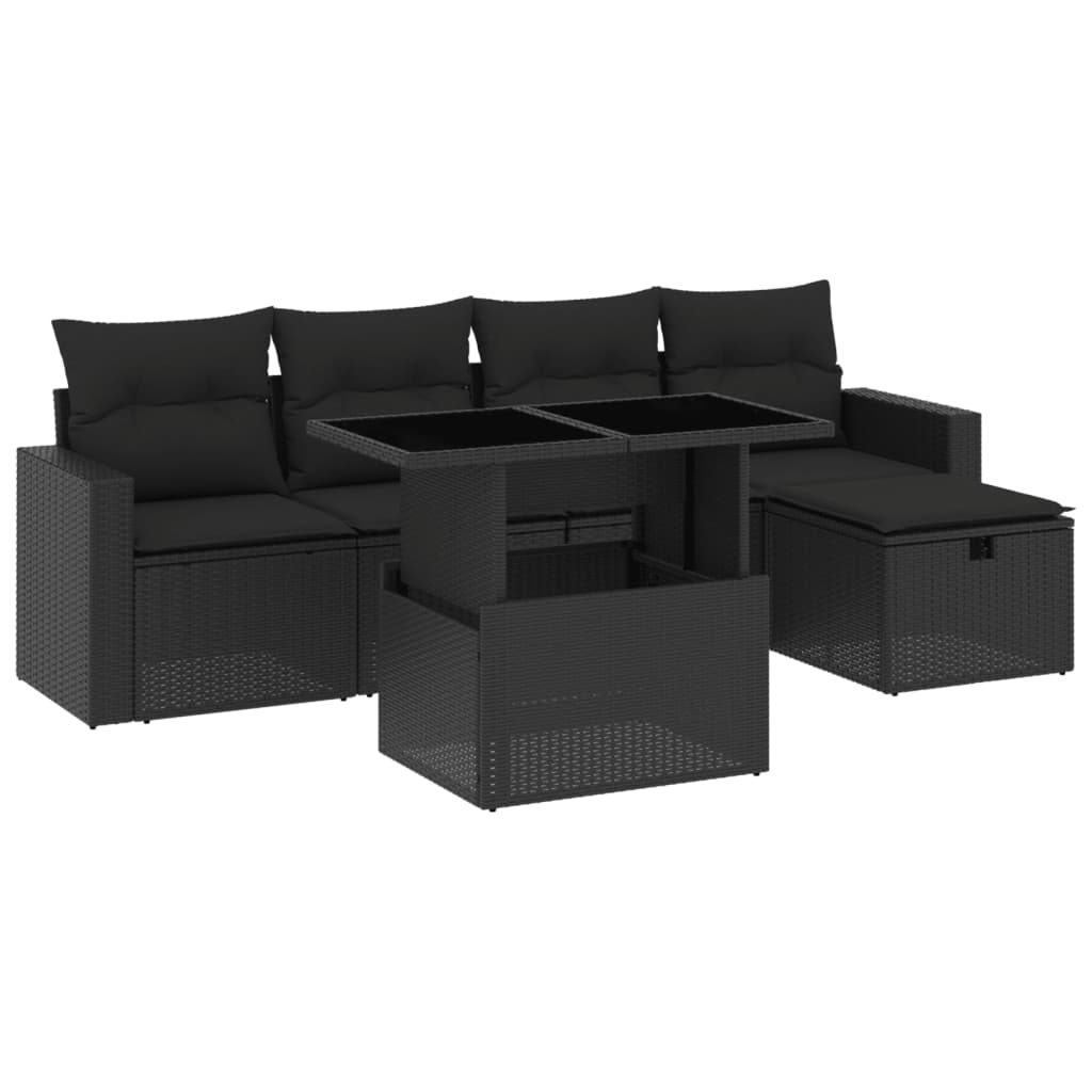 6 Piece Garden Sofa Set with Cushions Black Poly Rattan