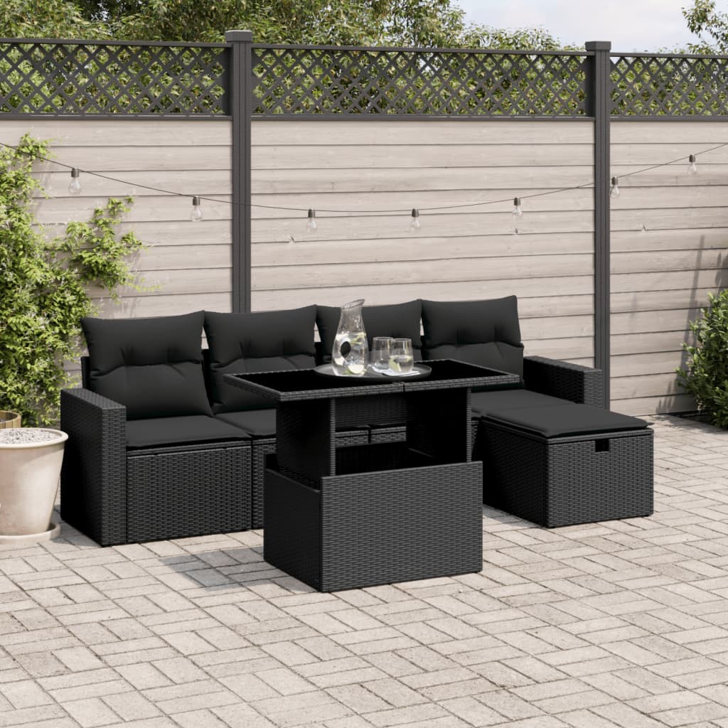 6 Piece Garden Sofa Set with Cushions Black Poly Rattan