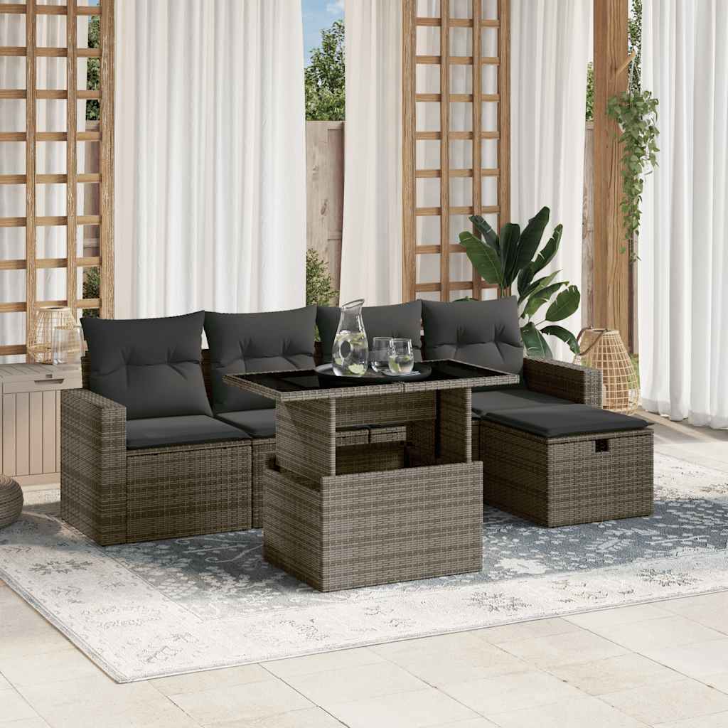 6 Piece Garden Sofa Set with Cushions Grey Poly Rattan