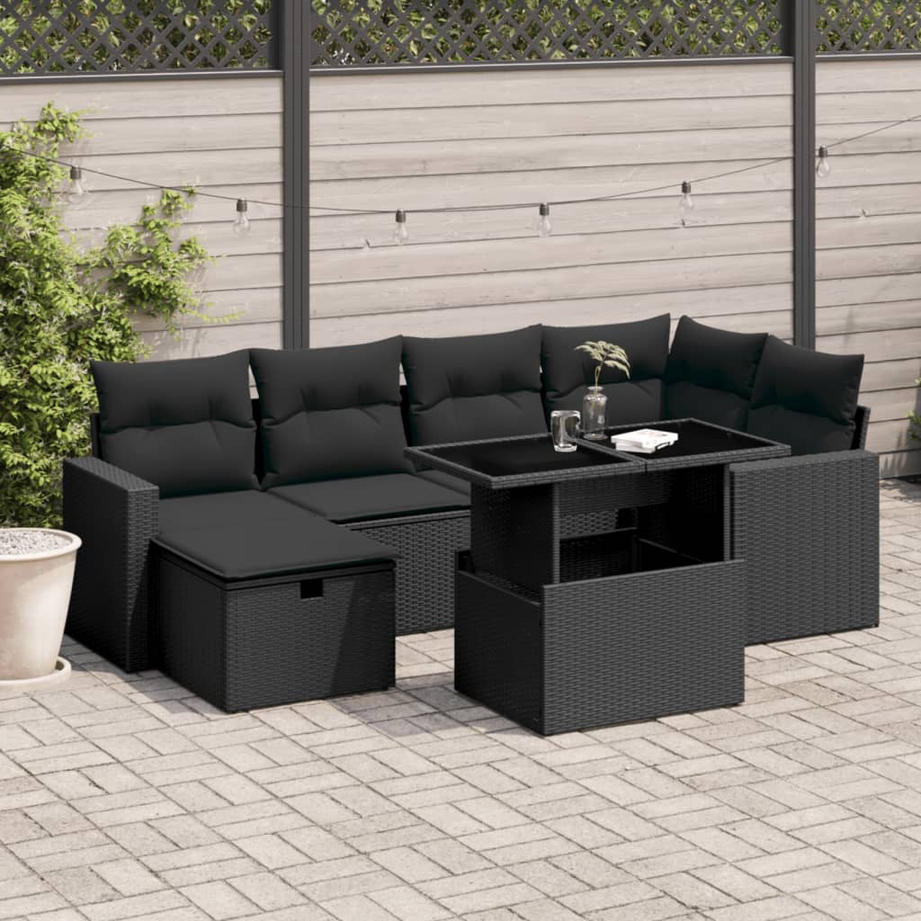 7 Piece Garden Sofa Set with Cushions Black Poly Rattan