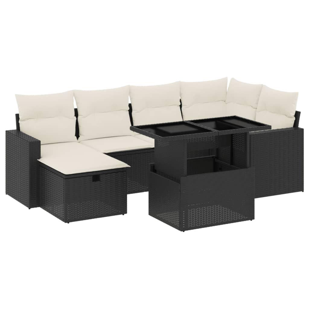 7 Piece Garden Sofa Set with Cushions Black Poly Rattan