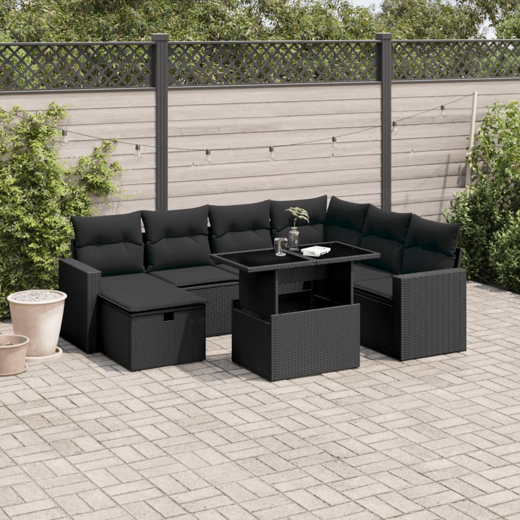 8 Piece Garden Sofa Set with Cushions Black Poly Rattan