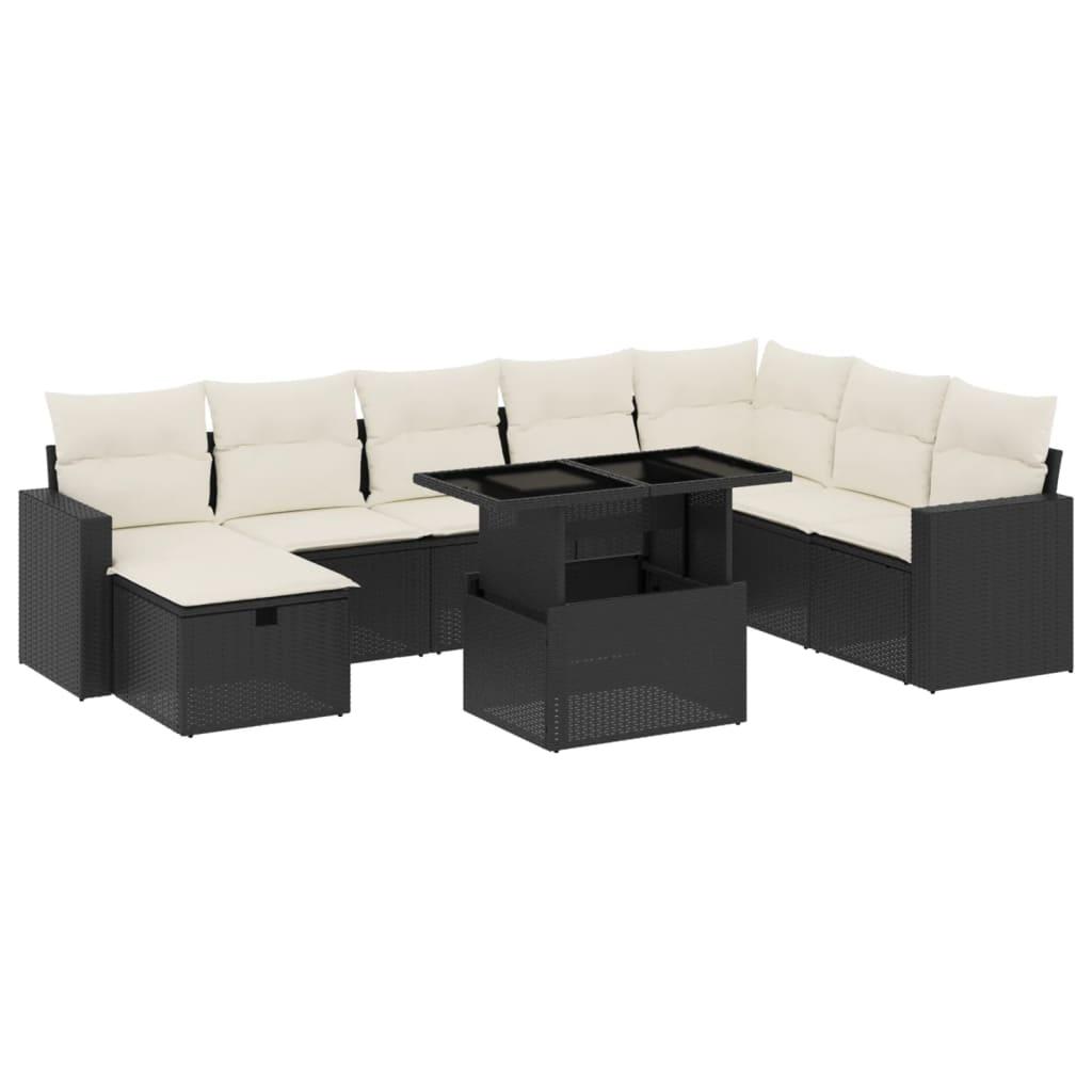 9 Piece Garden Sofa Set with Cushions Black Poly Rattan