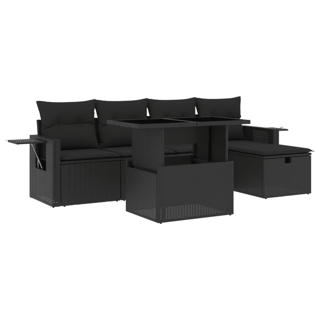 6 Piece Garden Sofa Set with Cushions Black Poly Rattan